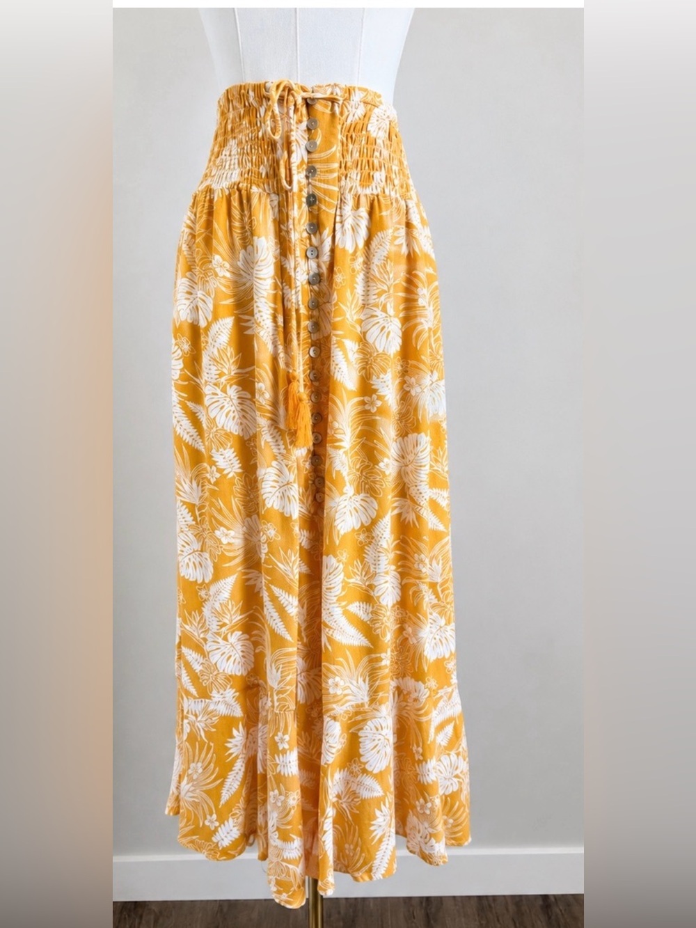 Rachel Zoe Mustard Yellow Floral Smocked Maxi Skirt